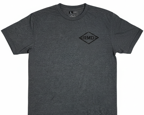 Gray t-shirt with a black RMD logo on a white background